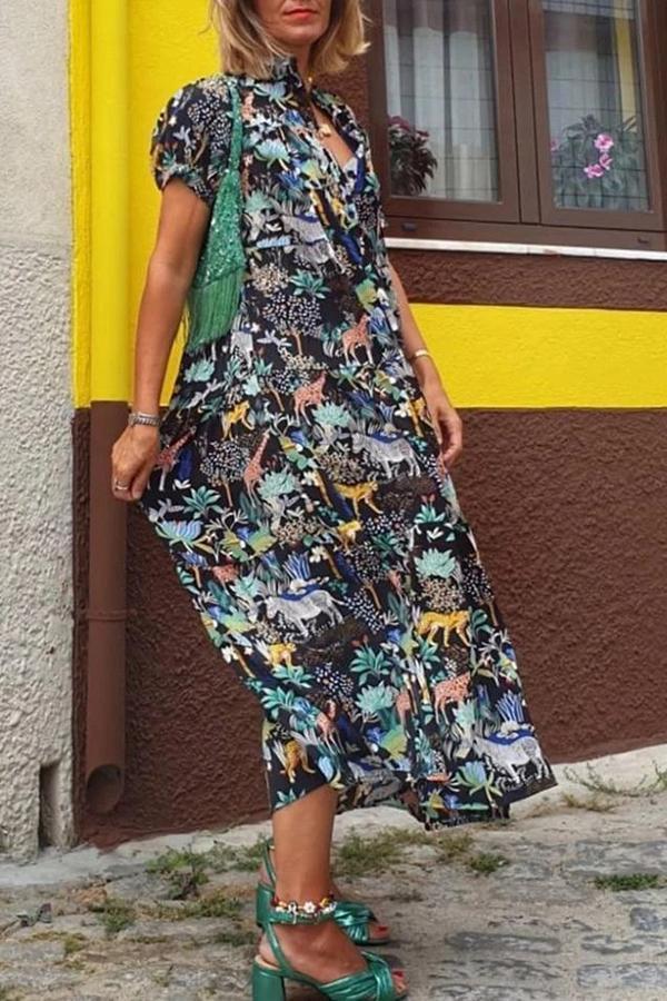 Printed Short Sleeve Lapel Dress