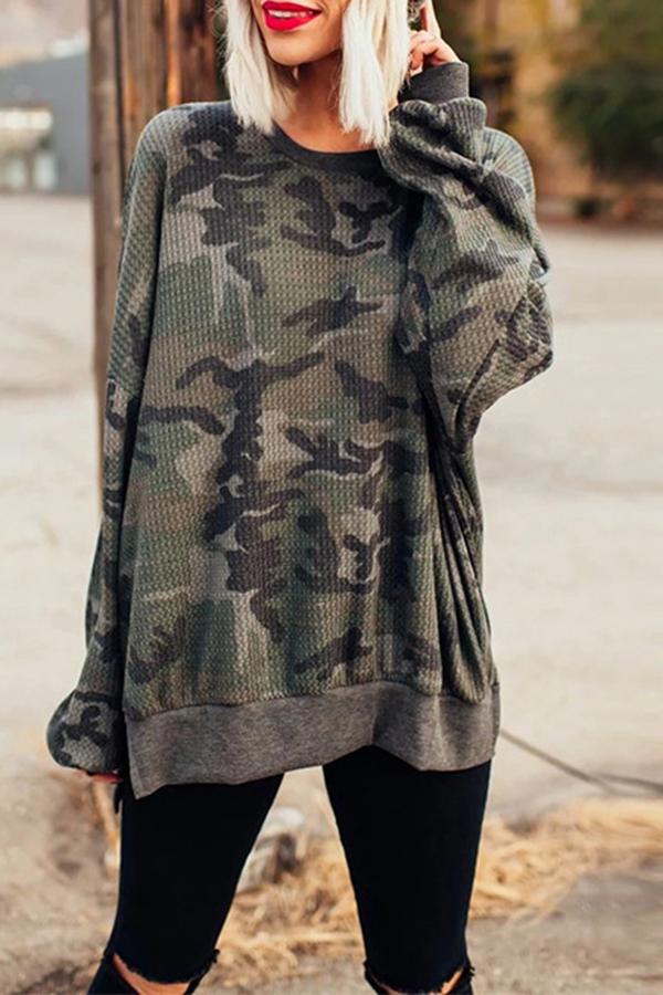 Casual Camouflage Round Neck Sweatshirt