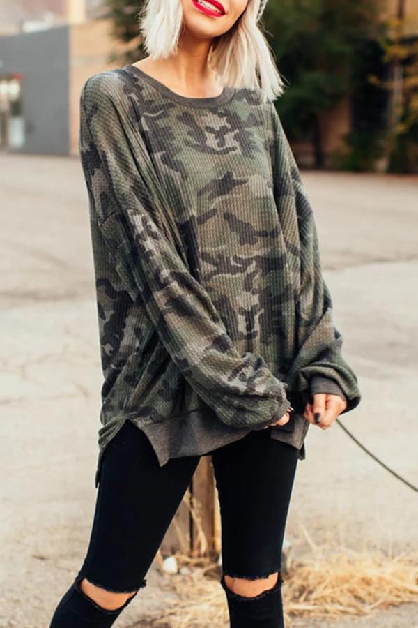 Casual Camouflage Round Neck Sweatshirt