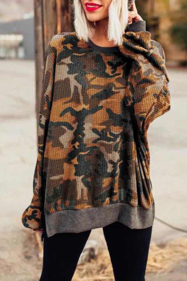 Casual Camouflage Round Neck Sweatshirt