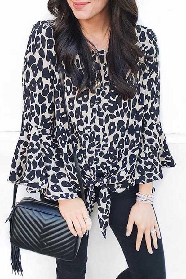 Trumpet Sleeve Leopard Print Round Neck Shirt