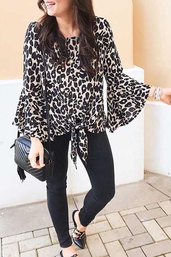 Trumpet Sleeve Leopard Print Round Neck Shirt