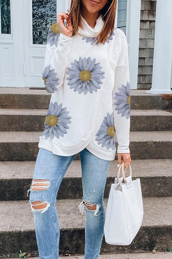 Flower Print High Neck Layered Sweatshirt