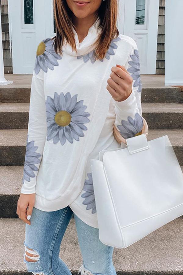 Flower Print High Neck Layered Sweatshirt