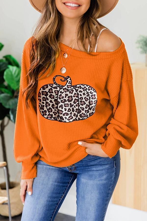 Leopard Pumpkin Print Off Shoulder Sweatshirt