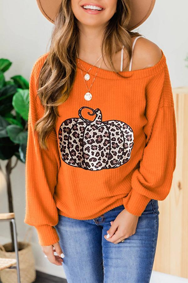 Leopard Pumpkin Print Off Shoulder Sweatshirt