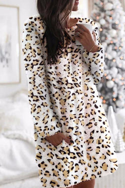 Fluffy Leopard Print Long Sleeve Mini Dress