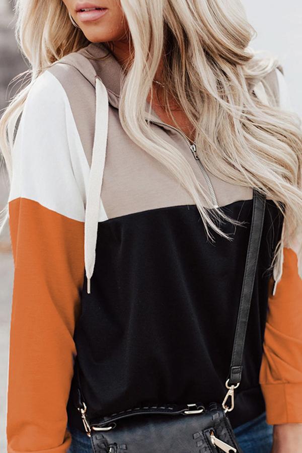 Long Sleeve Patchwork Casual Wear Hooded Top