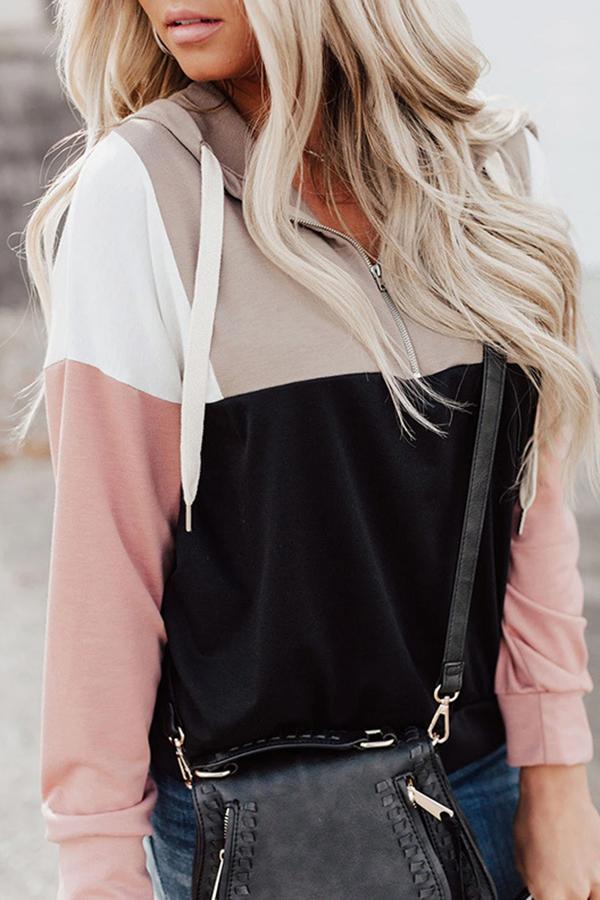 Long Sleeve Patchwork Casual Wear Hooded Top