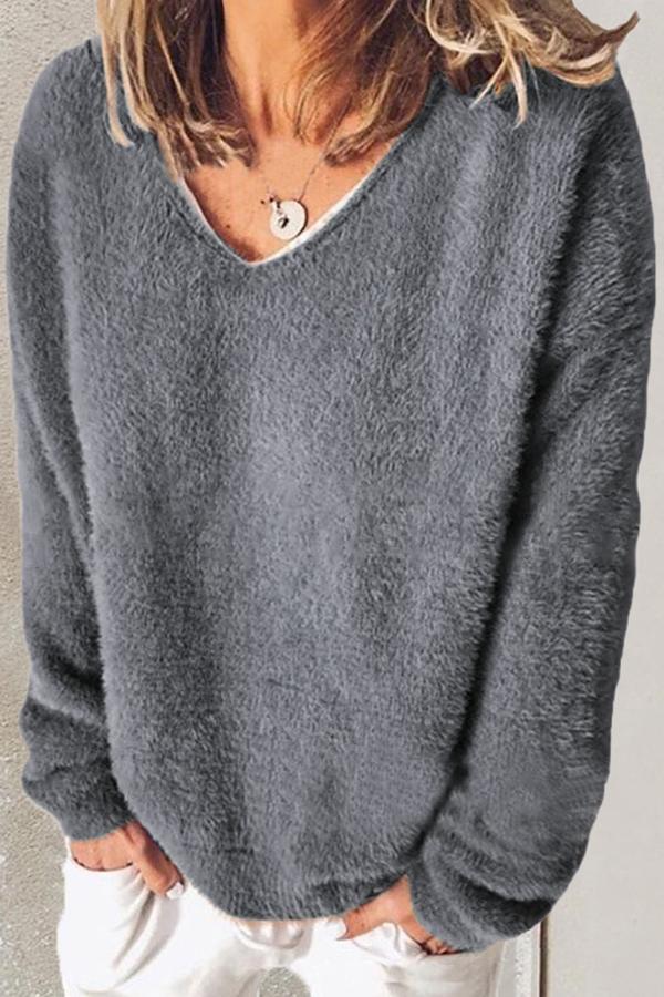 Long Sleeve Solid Color V Neck Sweater