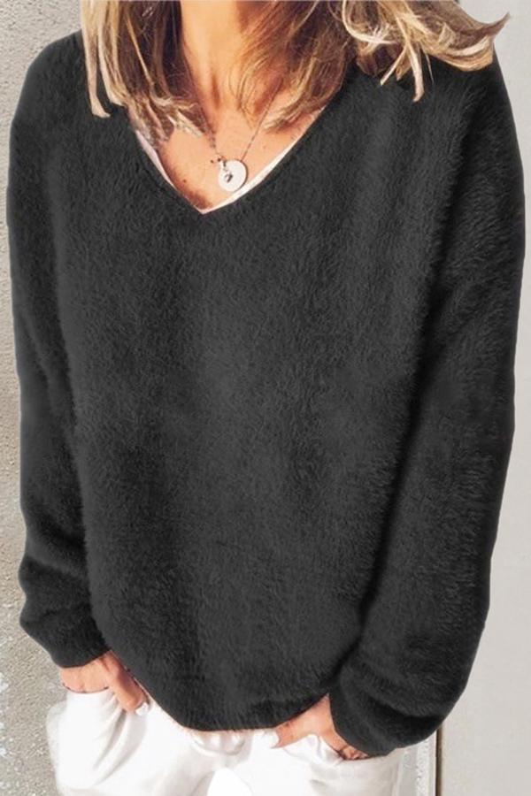 Long Sleeve Solid Color V Neck Sweater