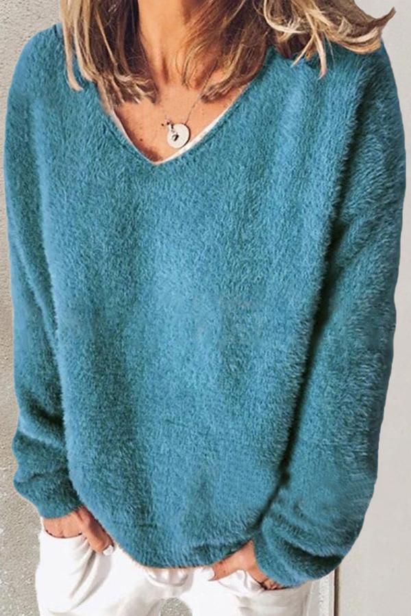 Long Sleeve Solid Color V Neck Sweater