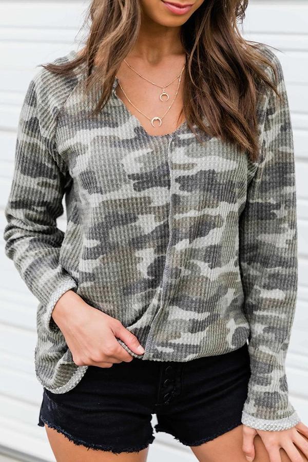 Camouflage V Neck Backless T-Shirt