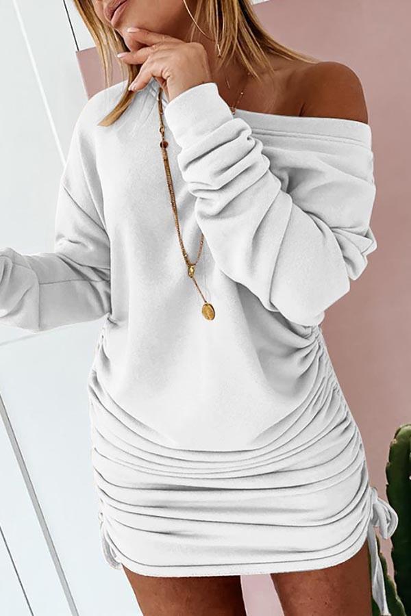 Long Sleeve Off Shoulder Drawstring Dress