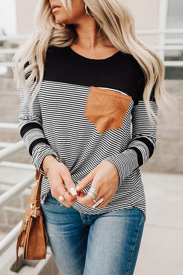 Striped Color Blcok Pocket Casual Blouse