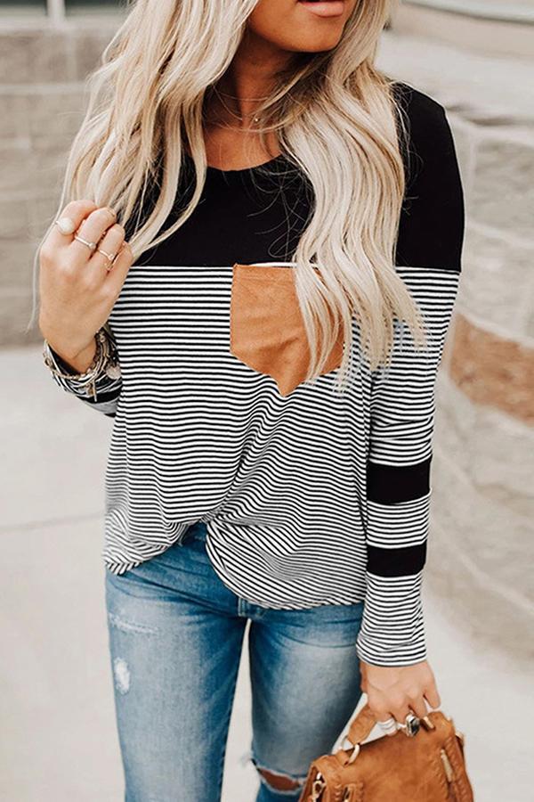 Striped Color Blcok Pocket Casual Blouse