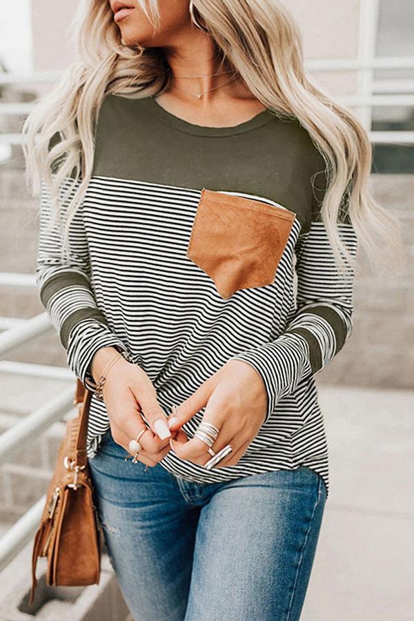 Striped Color Blcok Pocket Casual Blouse