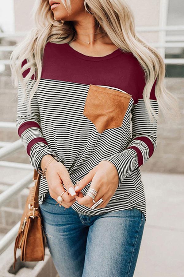 Striped Color Blcok Pocket Casual Blouse