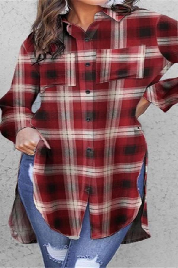 Long Sleeve Plaid  Irregular Shirt