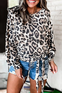 Leopard Print Round Neck Knotted T-Shirt