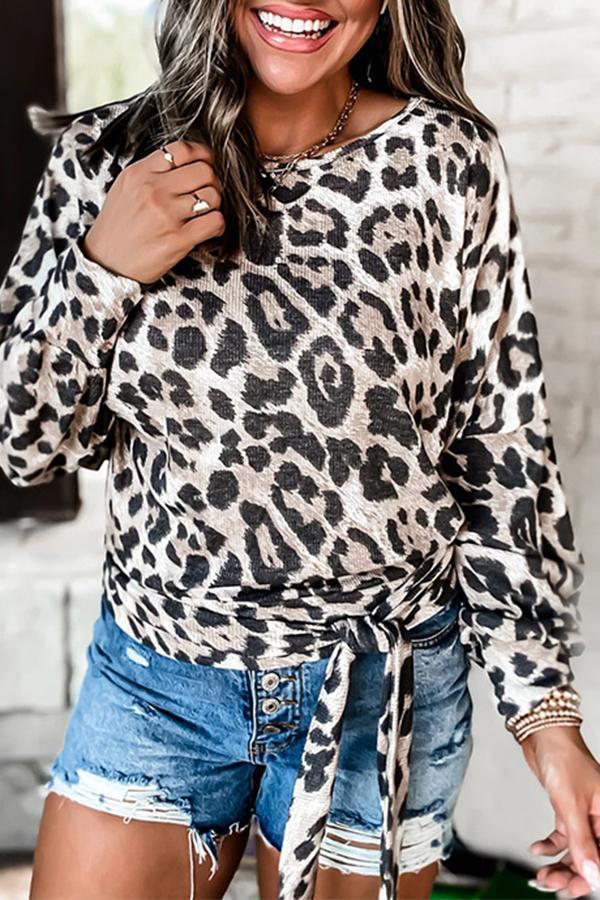 Leopard Print Round Neck Knotted T-Shirt