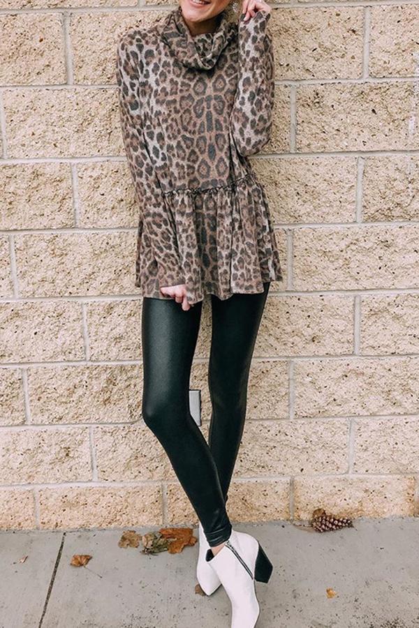 Leopard Print Lace Pile Collar Sweatshirt