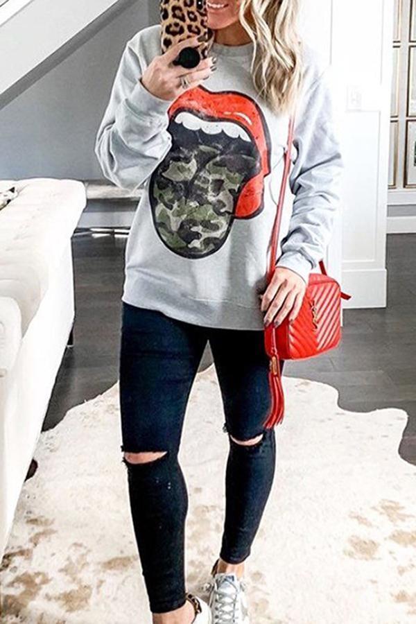 Long Sleeve Tongue Round Neck Sweatshirt