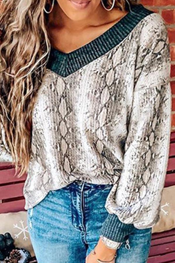 Lantern Sleeve Snake Print V Neck Sweatshirt