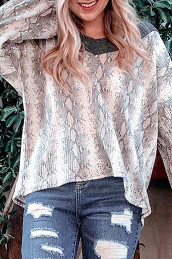 Lantern Sleeve Snake Print V Neck Sweatshirt