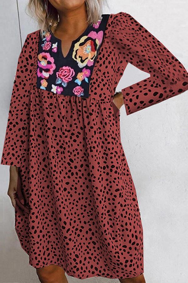 Flower Print Polka Dot Patchwork Dress