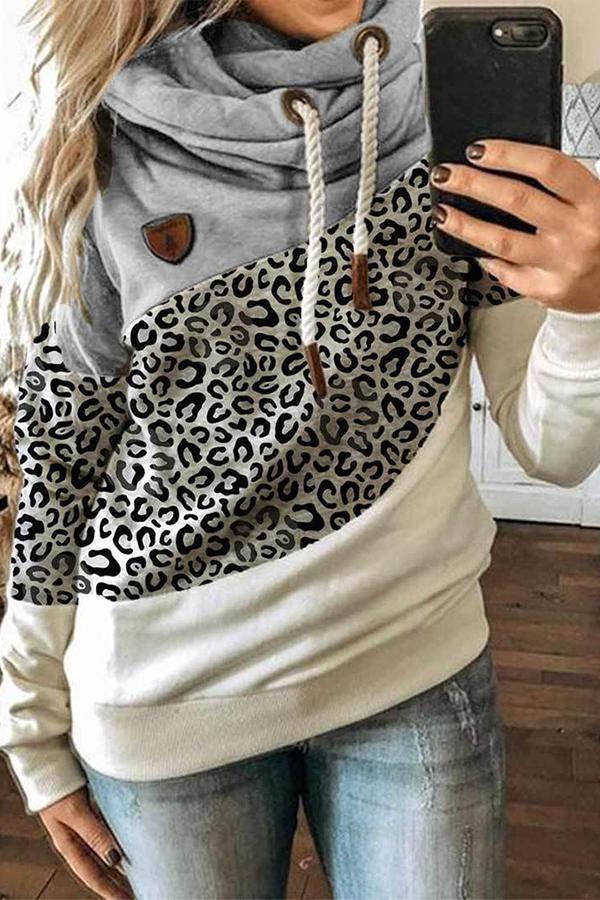 Leopard Print Patchwork Hooded Top