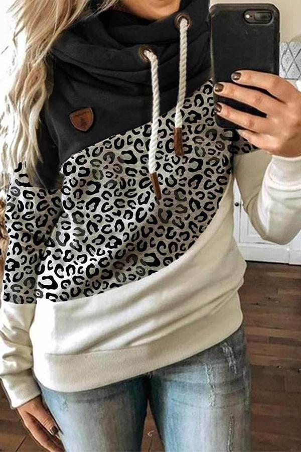 Leopard Print Patchwork Hooded Top