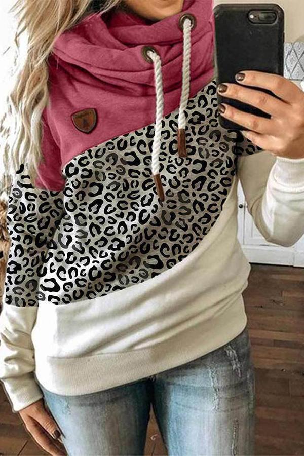 Leopard Print Patchwork Hooded Top