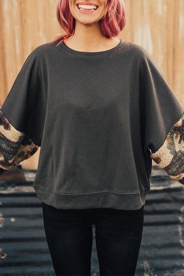 Batwing Sleeve Leapord Patchwork Sweatshirt