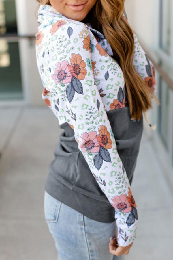 Flower Print Patchwork Hooded Sweatshirt