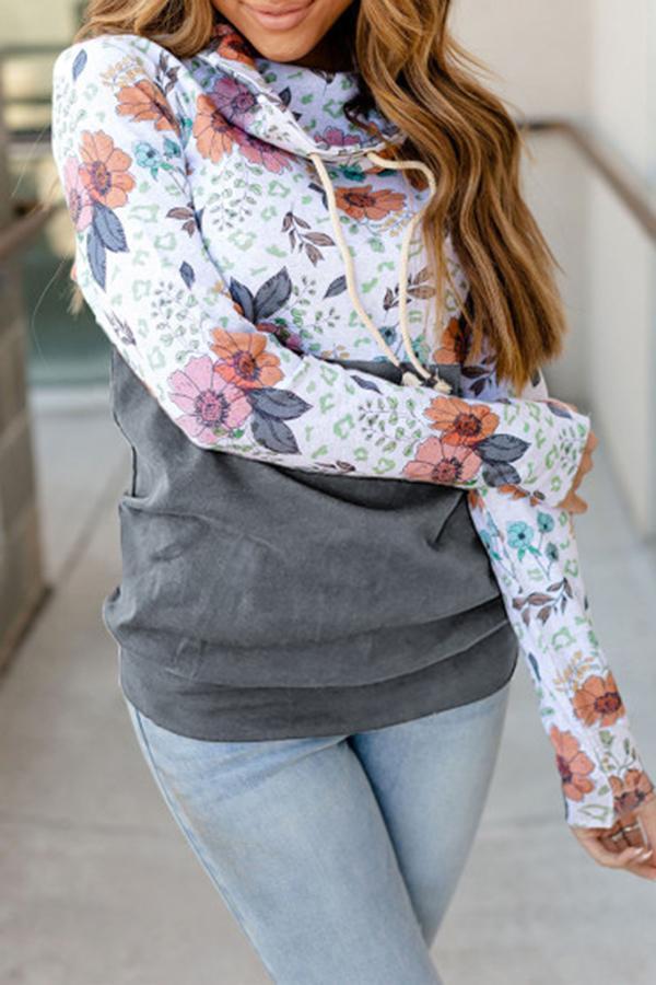 Flower Print Patchwork Hooded Sweatshirt