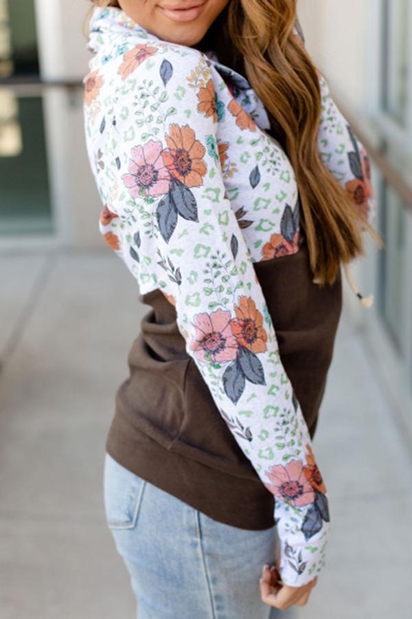 Flower Print Patchwork Hooded Sweatshirt