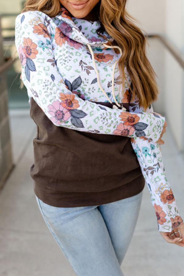 Flower Print Patchwork Hooded Sweatshirt