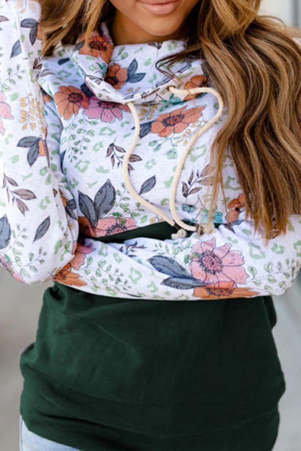 Flower Print Patchwork Hooded Sweatshirt