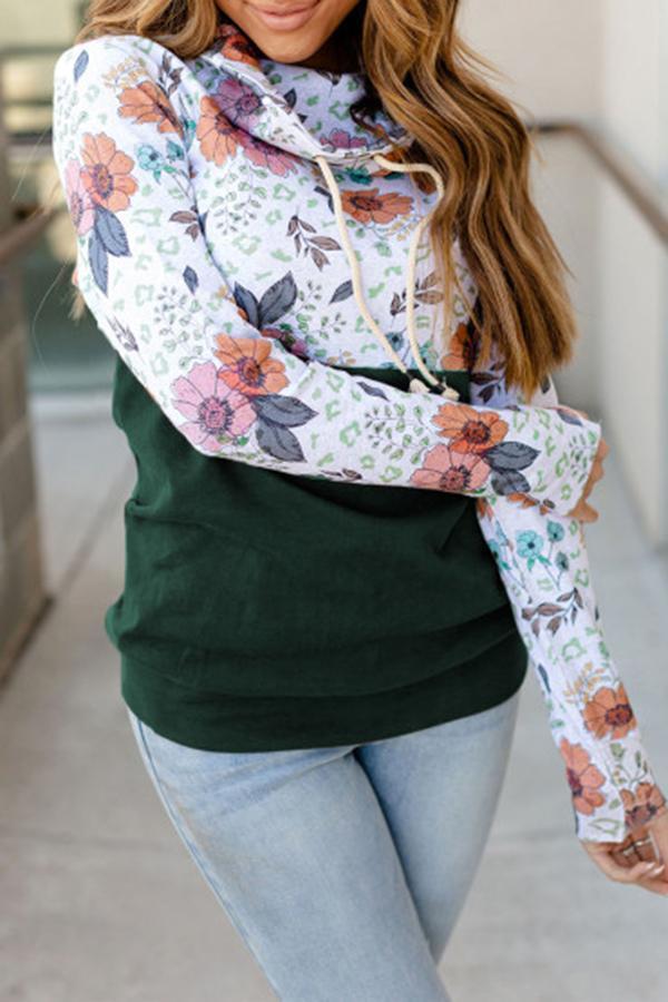 Flower Print Patchwork Hooded Sweatshirt