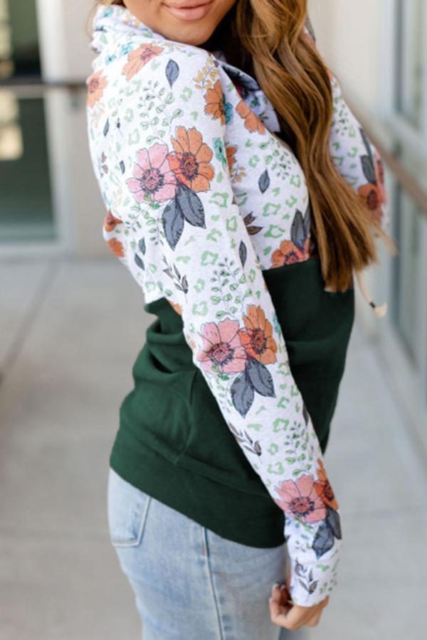 Flower Print Patchwork Hooded Sweatshirt