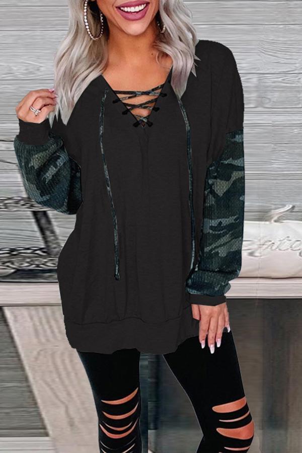 Camo Patchwork V Neck Cross Over Sweatshirt