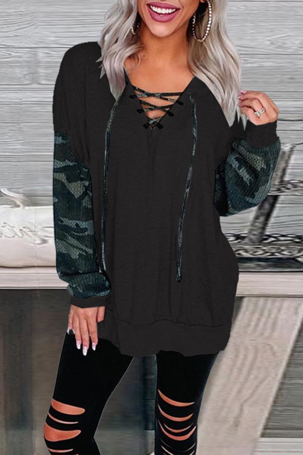 Camo Patchwork V Neck Cross Over Sweatshirt