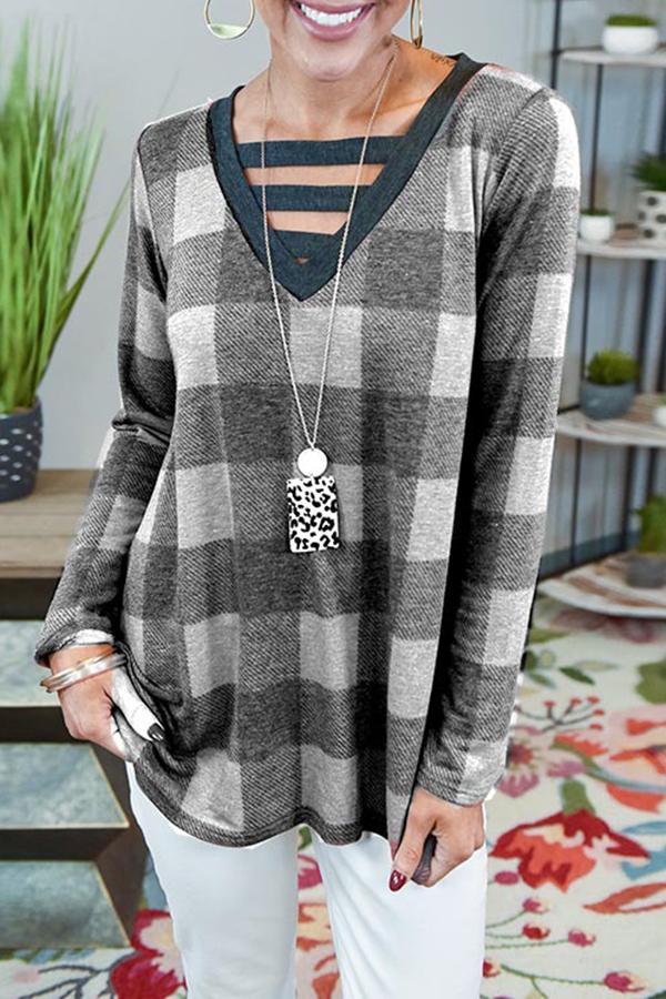 Long Sleeve Plaid V Neck T-Shirt