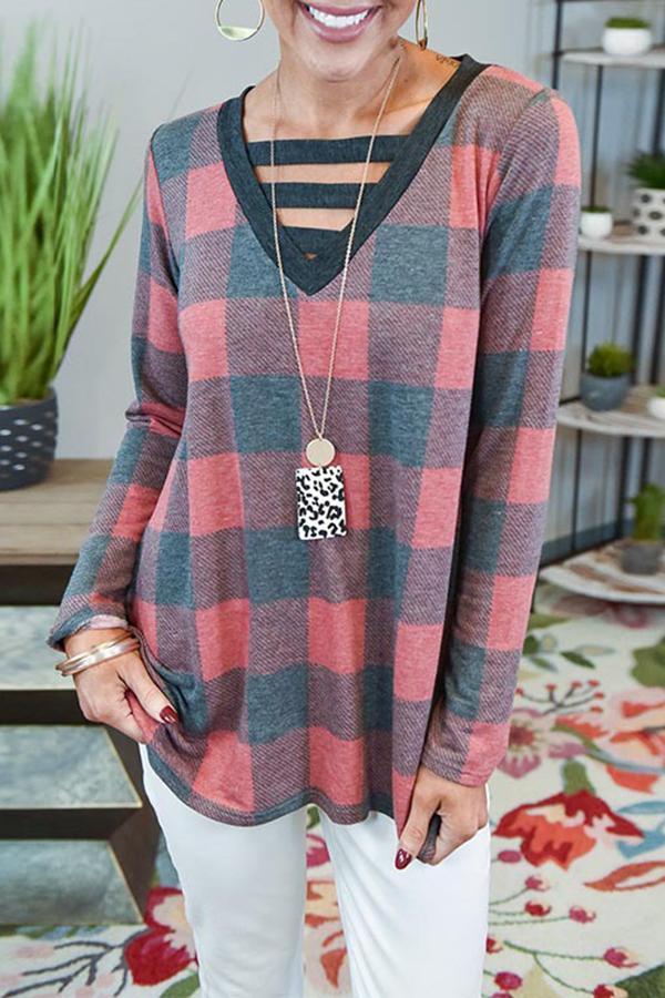 Long Sleeve Plaid V Neck T-Shirt