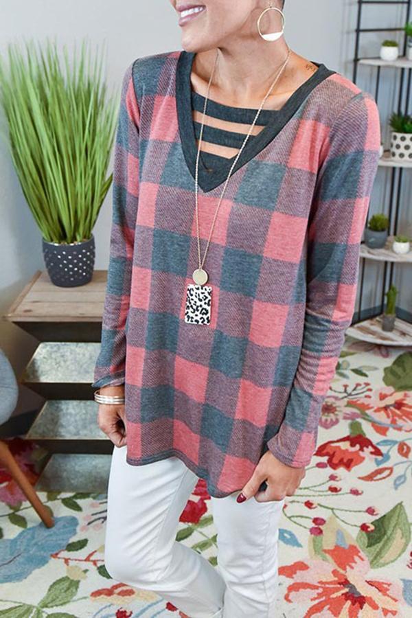 Long Sleeve Plaid V Neck T-Shirt