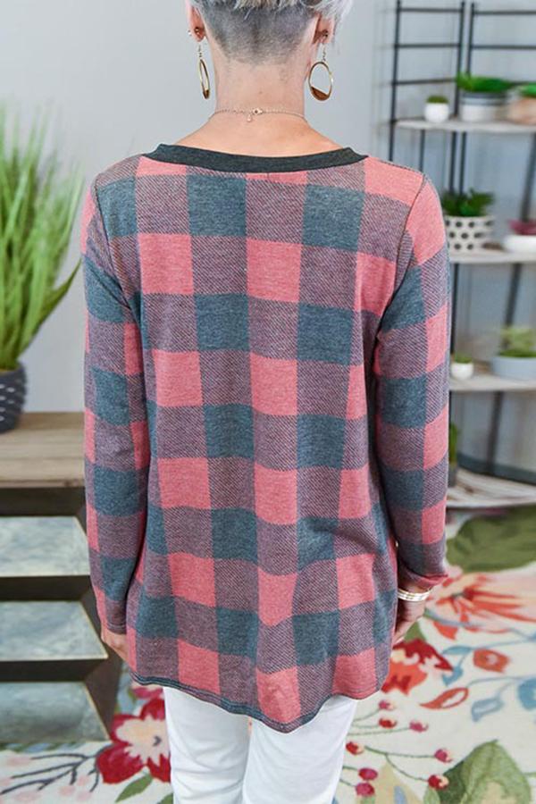 Long Sleeve Plaid V Neck T-Shirt