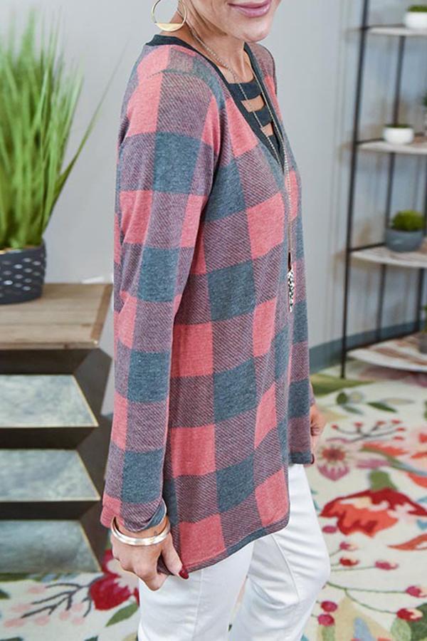 Long Sleeve Plaid V Neck T-Shirt