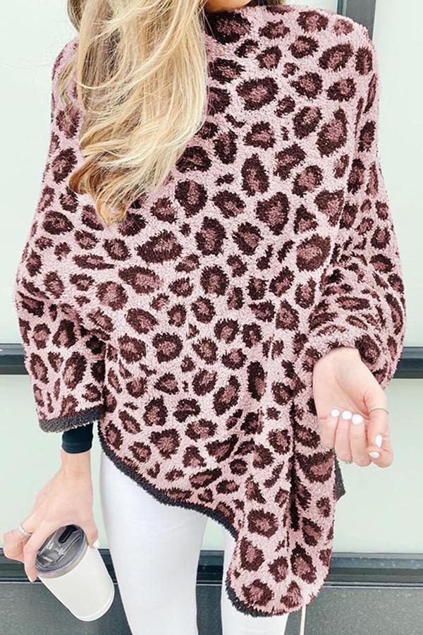 Leopard Print Round Neck Irregular Sweatshirt