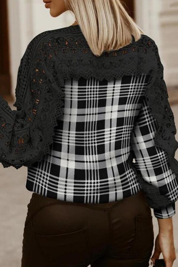 Lace Sleeve Plaid Patchwork Blouse